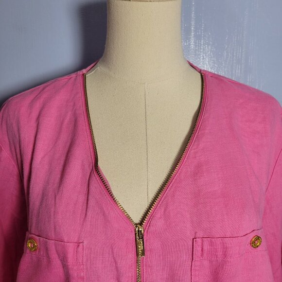 Company Ellen Tracy Extra Large Pink Peony Zippered V Neck Roll Tab Linen Blouse - Picture 8 of 13
